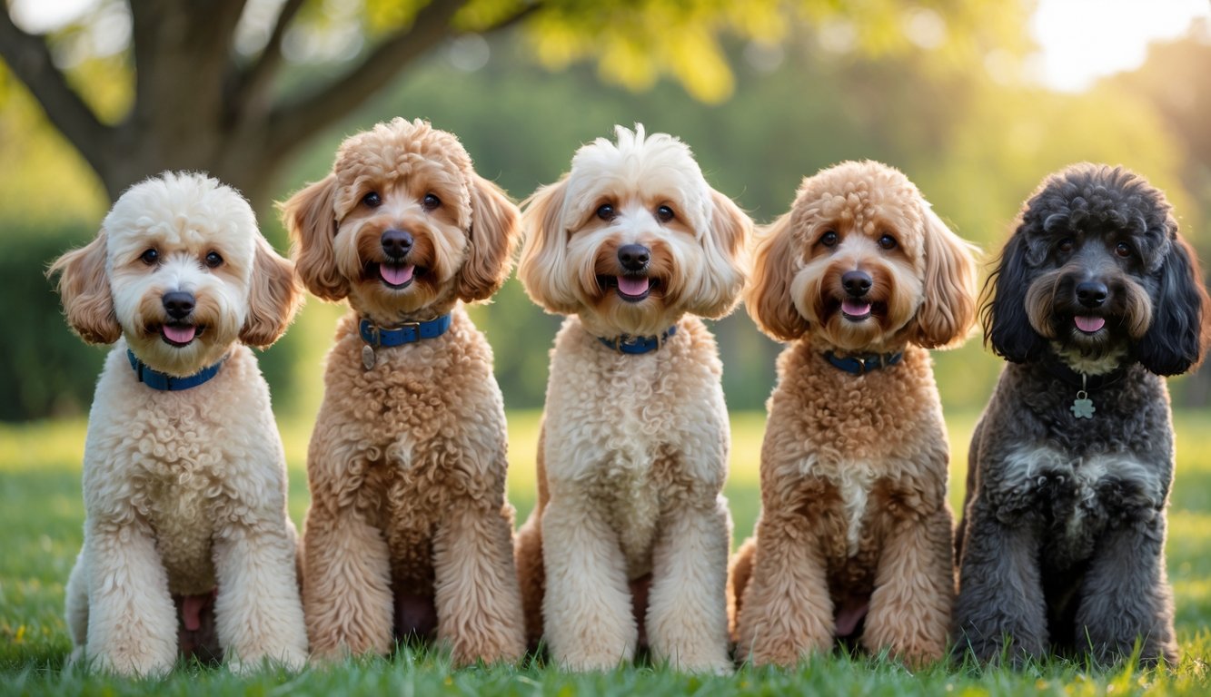 A group of various poodle crossbreed dogs sitting and standing together outdoors in a green park.