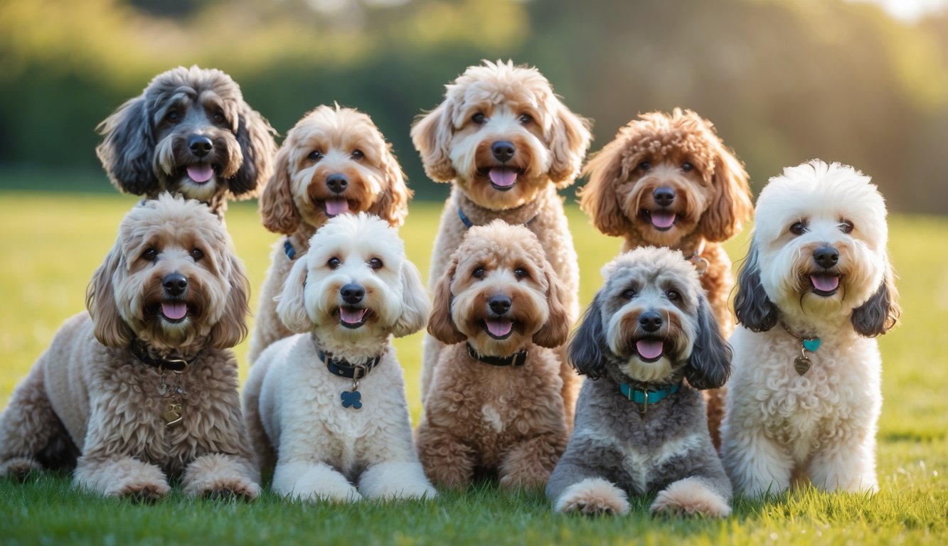 Several different poodle cross dog breeds sitting and playing on green grass outdoors.