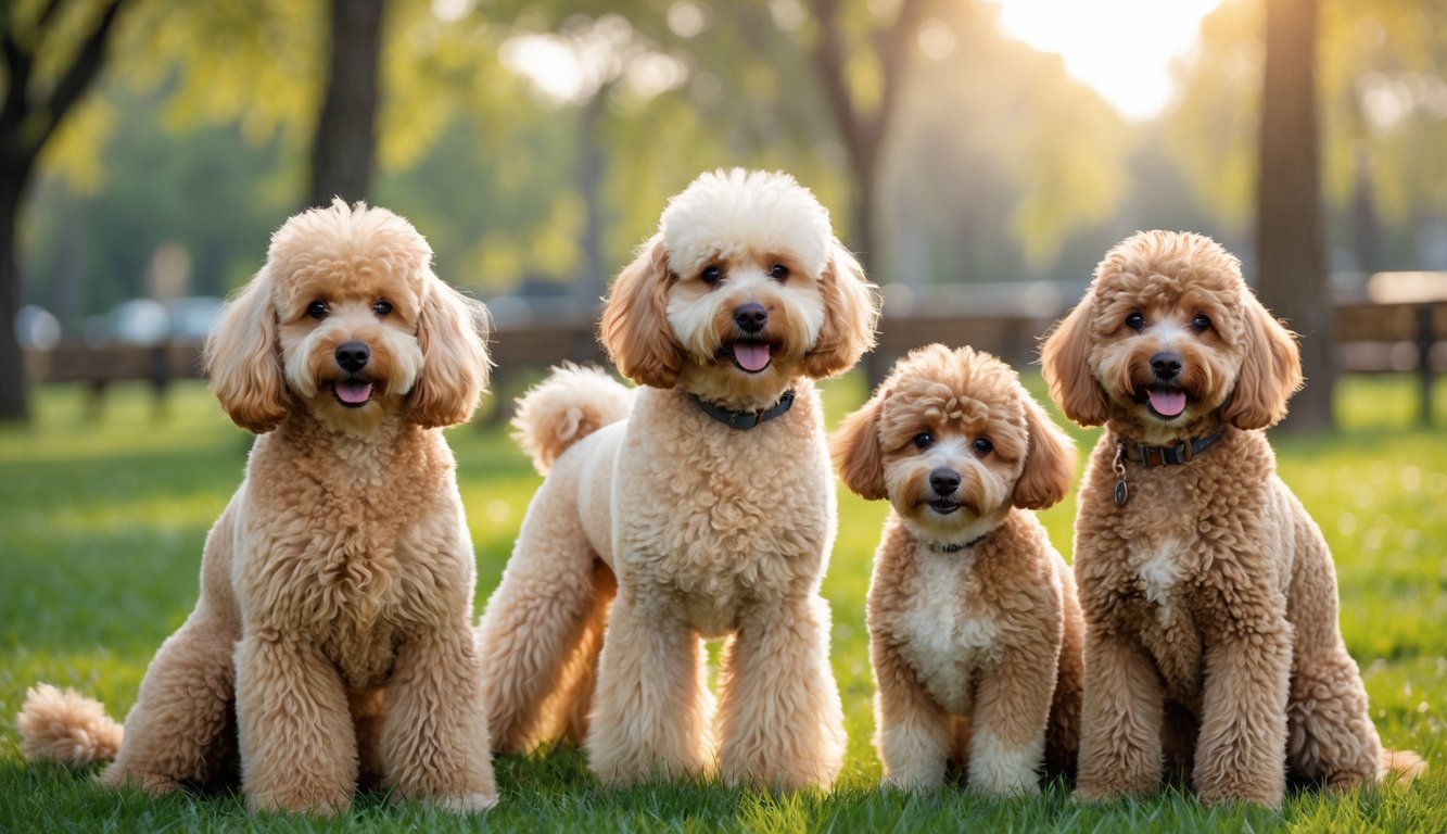 Three different poodle hybrid dogs sitting and standing on green grass in a park with trees in the background.