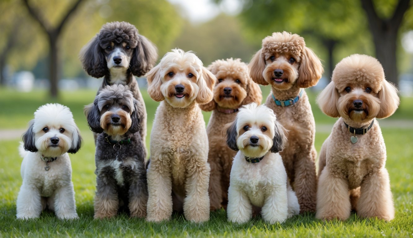 Several poodle crossbreed dogs of different sizes and coat types sitting and standing on grass in a park.