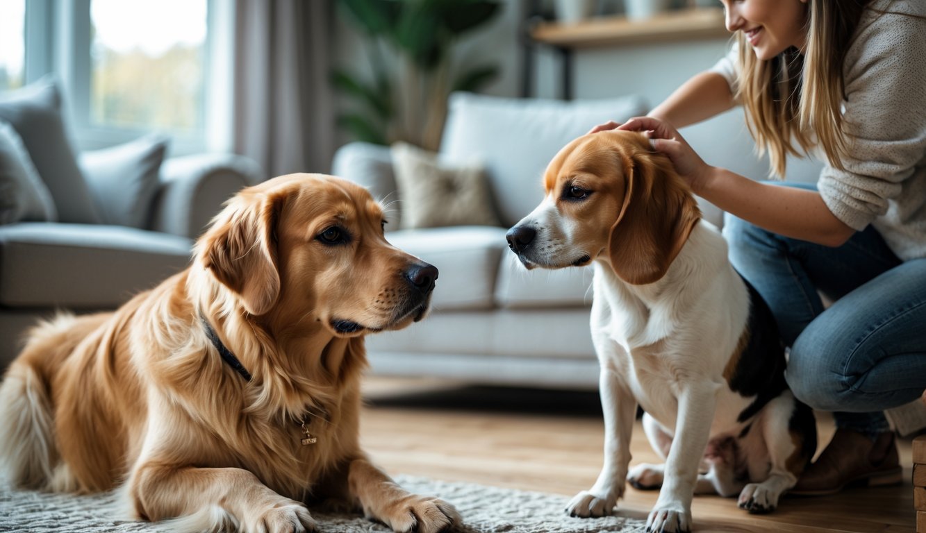 Two dogs in a living room, one looking at the other receiving affection from a person.
