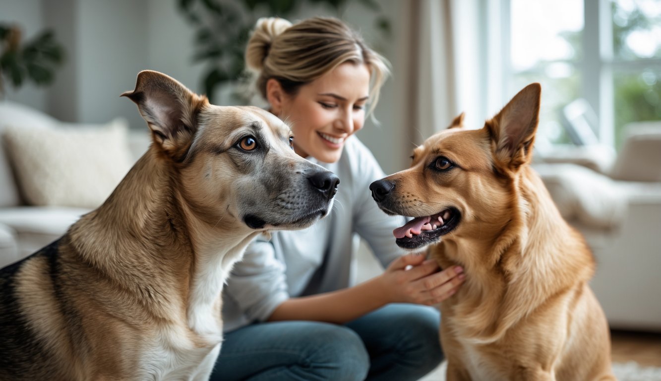 Two dogs in a living room, one dog looking at the other being petted by a person.