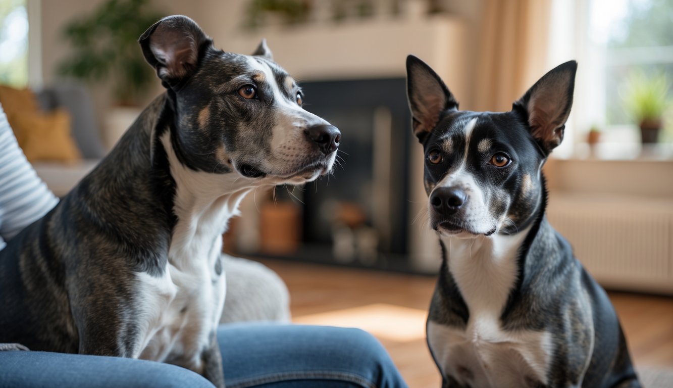 Two dogs in a living room, one receiving attention from a person and the other looking tense and watchful nearby.