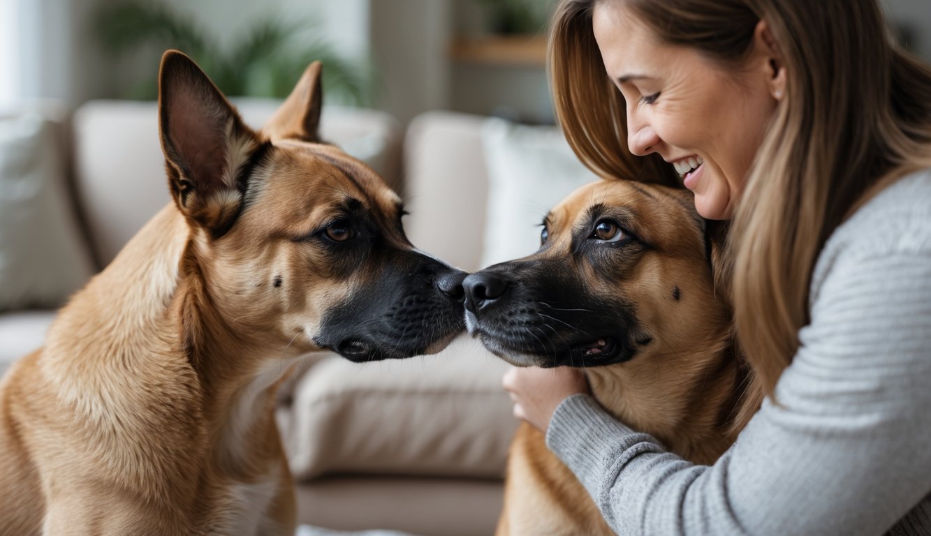 Two dogs in a living room, one dog watching as a person pets the other dog, showing a jealous expression.