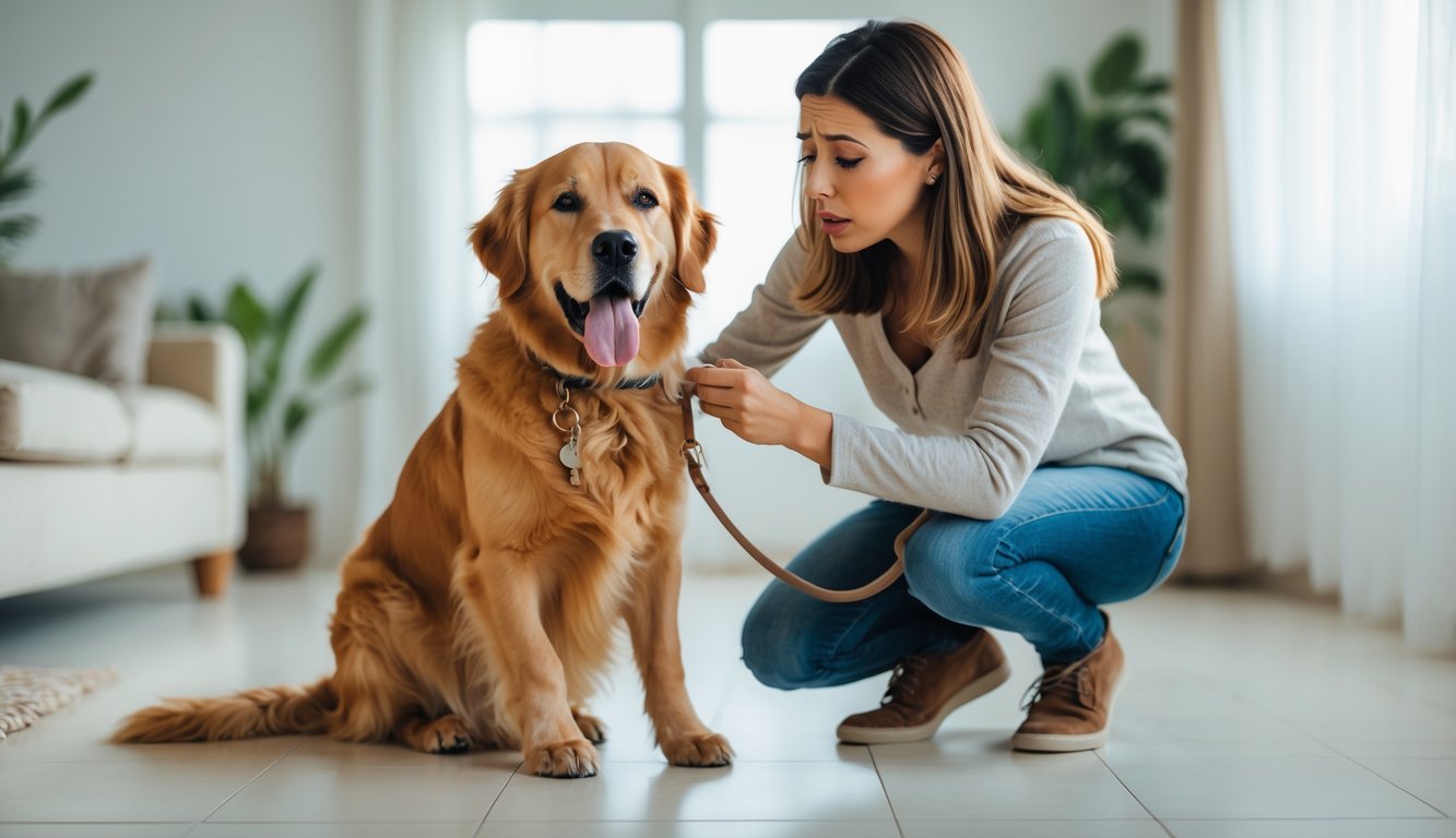 A woman kneeling next to her panting golden retriever in a living room, looking concerned.