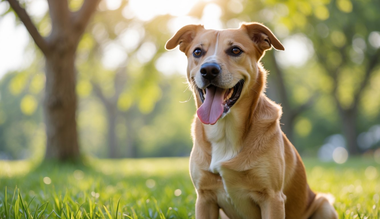 A medium-sized dog panting with its tongue out while sitting on grass in a sunny park.