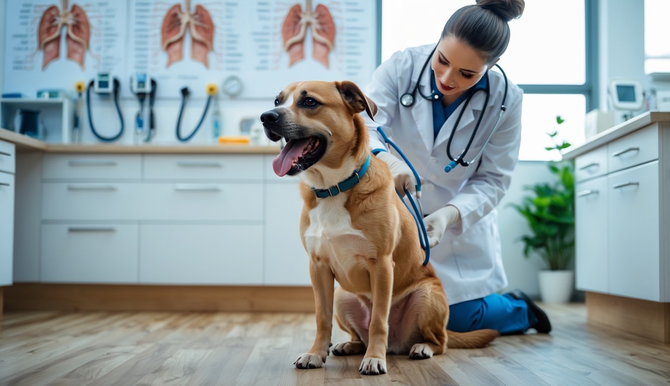A dog panting heavily while being examined by a veterinarian in a bright veterinary clinic.
