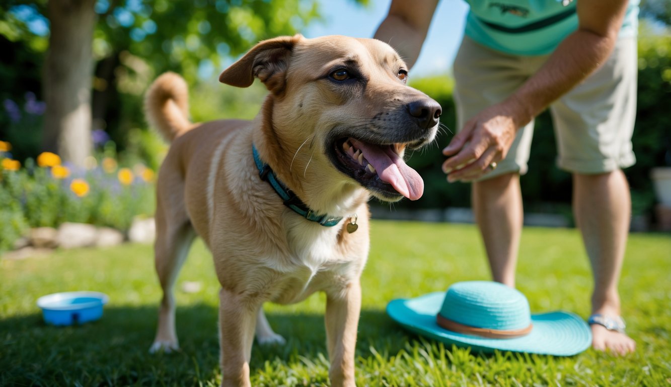 A dog panting outdoors on a sunny day with a person gently petting it in a garden setting.