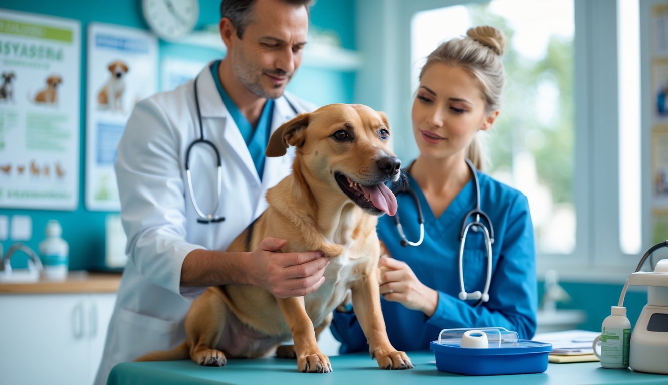 A dog owner gently holding their panting dog in a veterinary clinic while a veterinarian prepares to help.