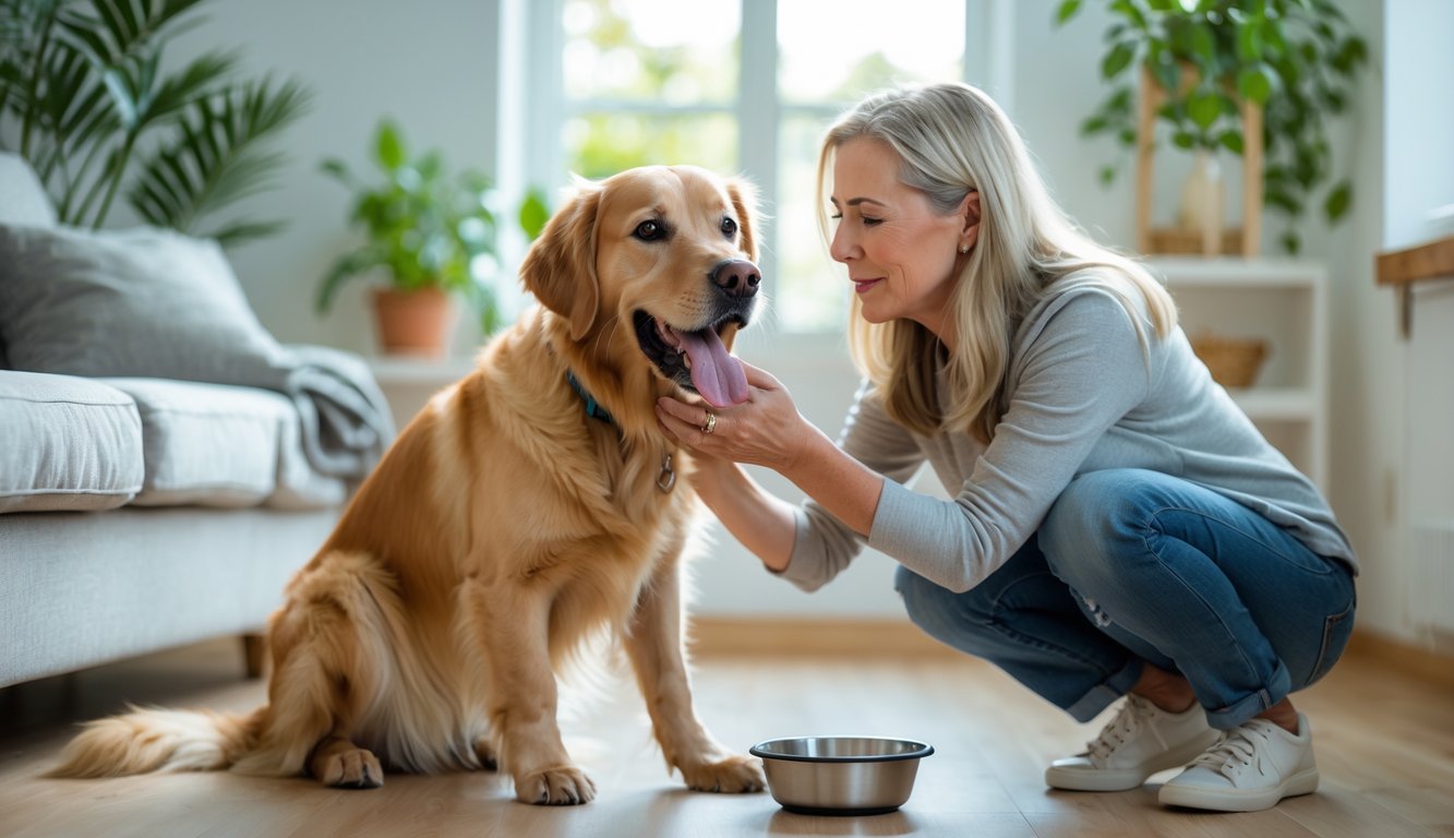 A woman gently petting a panting golden retriever in a bright living room with a water bowl nearby.
