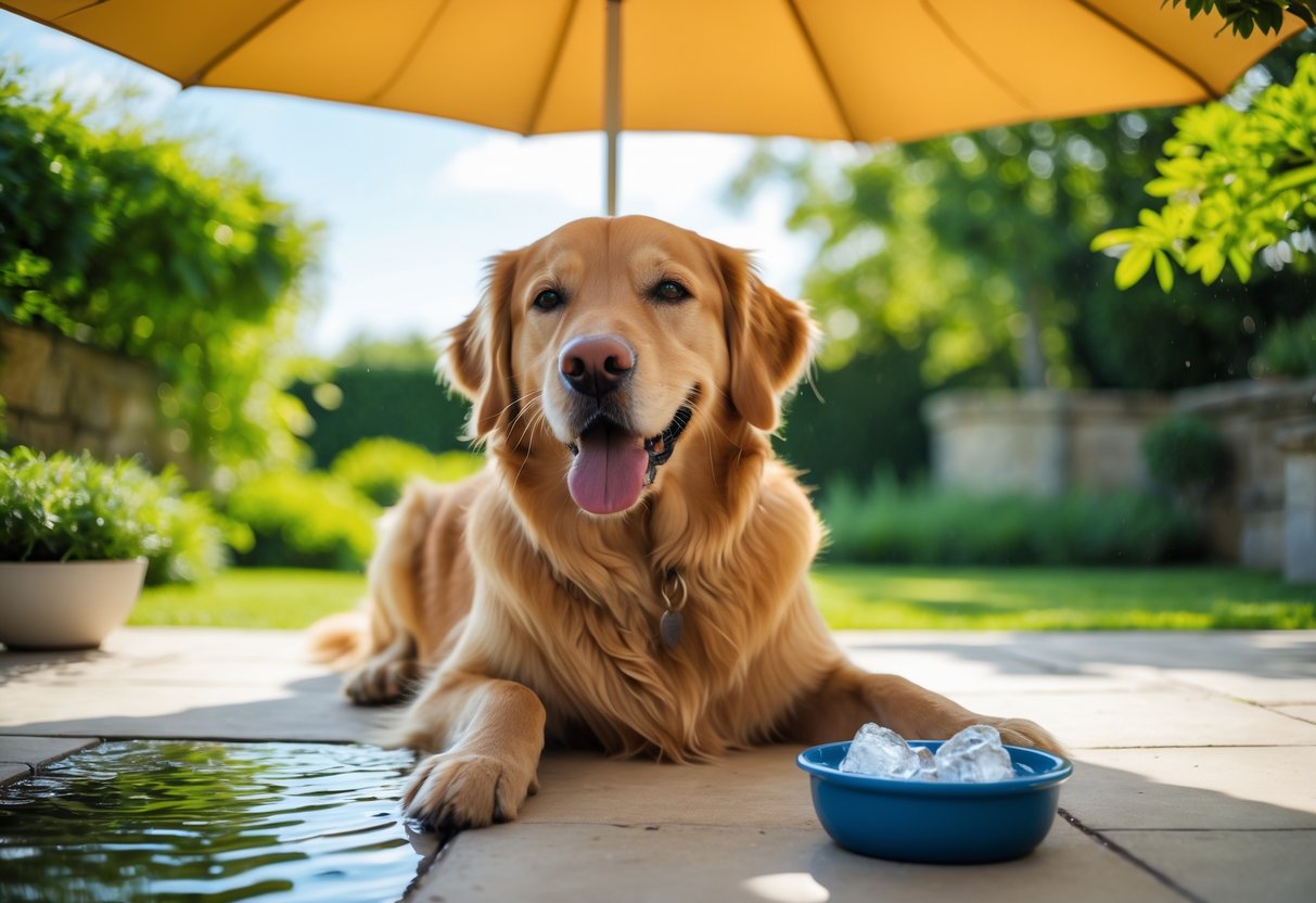 A golden retriever lying in the shade on a sunny day beside a bowl of water with ice cubes in a green garden.