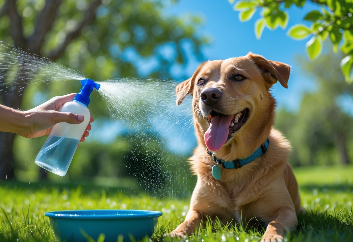 A dog outdoors on grass with a person spraying water mist over it and a bowl of water nearby on a sunny day.