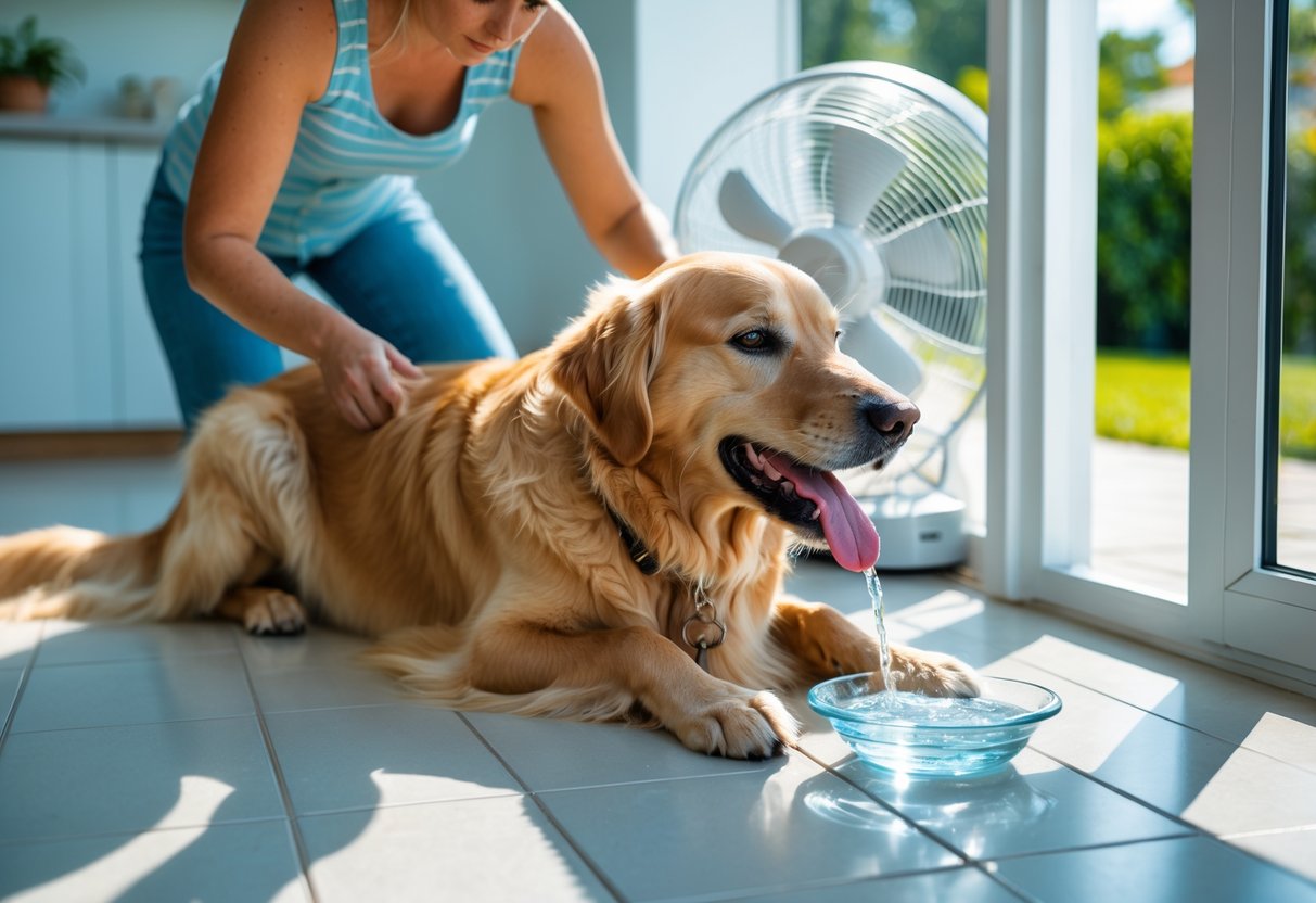 A golden retriever panting on a cool floor while a woman offers it water inside a bright home with an open window and a running fan.