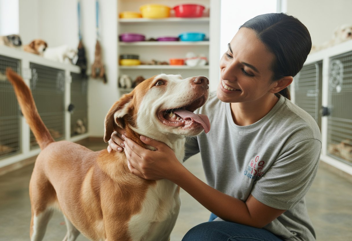 A volunteer petting a happy dog inside a bright animal shelter with kennels and pet supplies in the background.