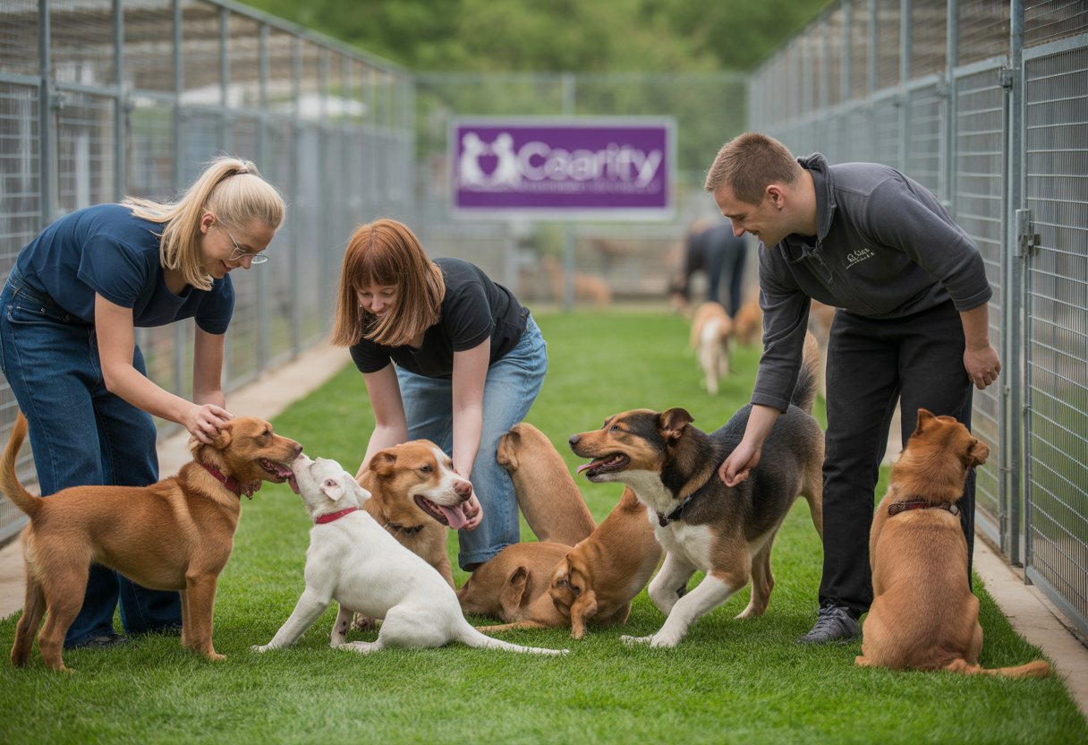 Several dogs playing outdoors with volunteers caring for them in a clean and secure shelter area.