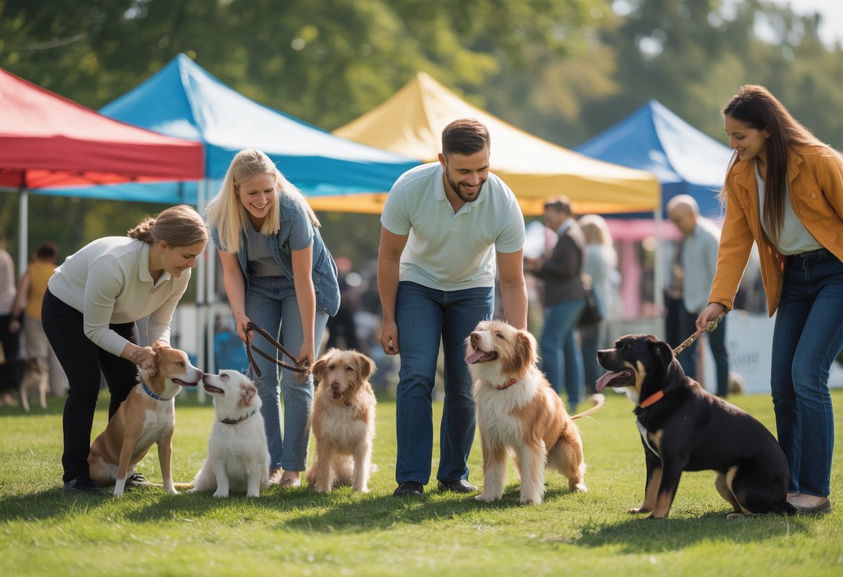 People happily interacting with dogs at an outdoor adoption event in a sunny park.