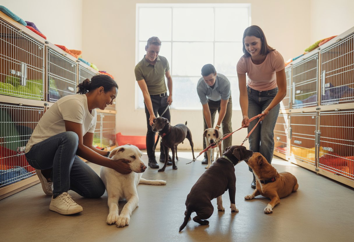 Volunteers caring for dogs inside a bright and clean dog charity shelter, playing and interacting with them.