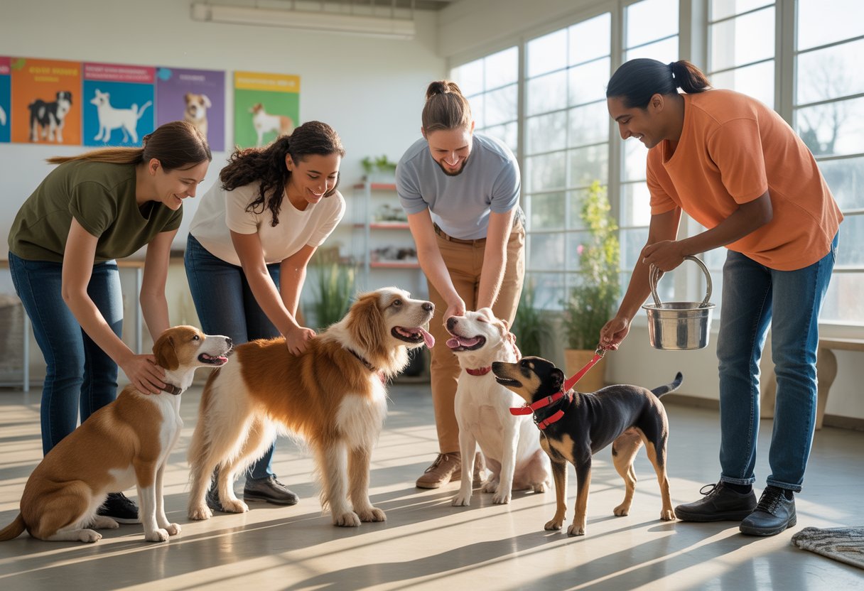 People volunteering at a dog shelter playing with and caring for dogs in a bright room.