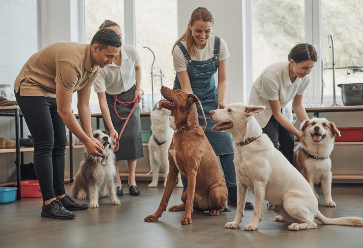 Volunteers and staff caring for dogs inside a bright, organised dog charity centre.