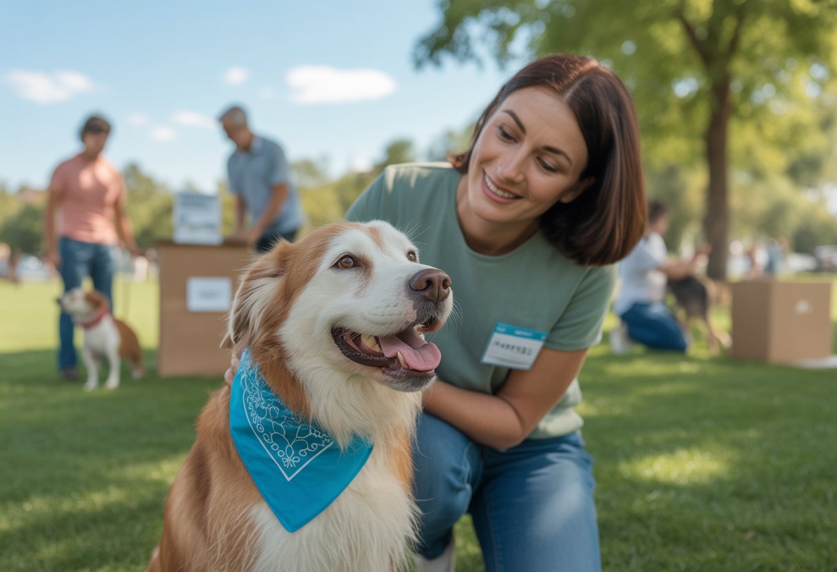 A volunteer petting a happy dog wearing a charity bandana outdoors at a dog charity event in a sunny park.
