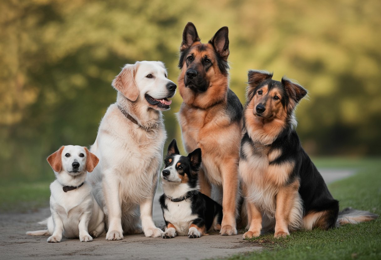 A group of loyal dog breeds including a Golden Retriever, German Shepherd, Labrador Retriever, Border Collie, and Dachshund sitting and standing together in a park.
