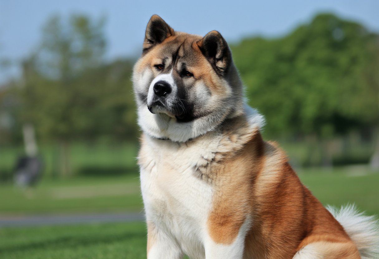An Akita dog sitting outdoors on grass, looking alert and calm.