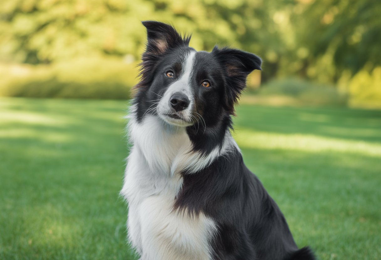 A Border Collie sitting attentively on green grass in a park with trees in the background.