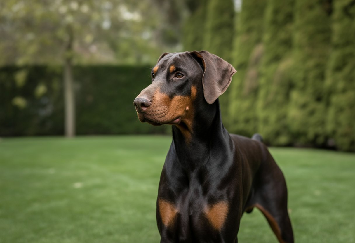 A Doberman Pinscher standing alert on a green lawn, looking calm and focused.