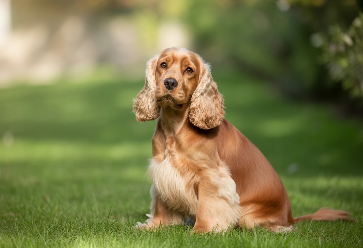 A Cocker Spaniel dog sitting on green grass, looking attentive and friendly.