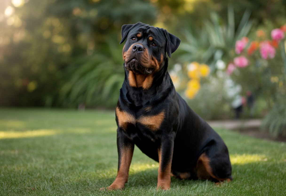 A Rottweiler dog sitting attentively in a garden, looking alert and loyal.