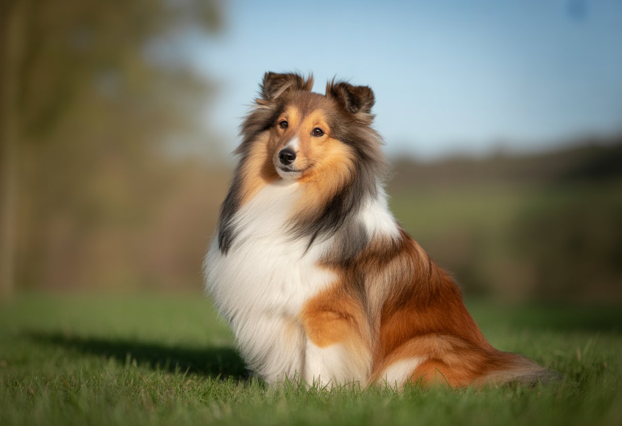 A Shetland Sheepdog sitting on grass outdoors, looking attentive and affectionate.