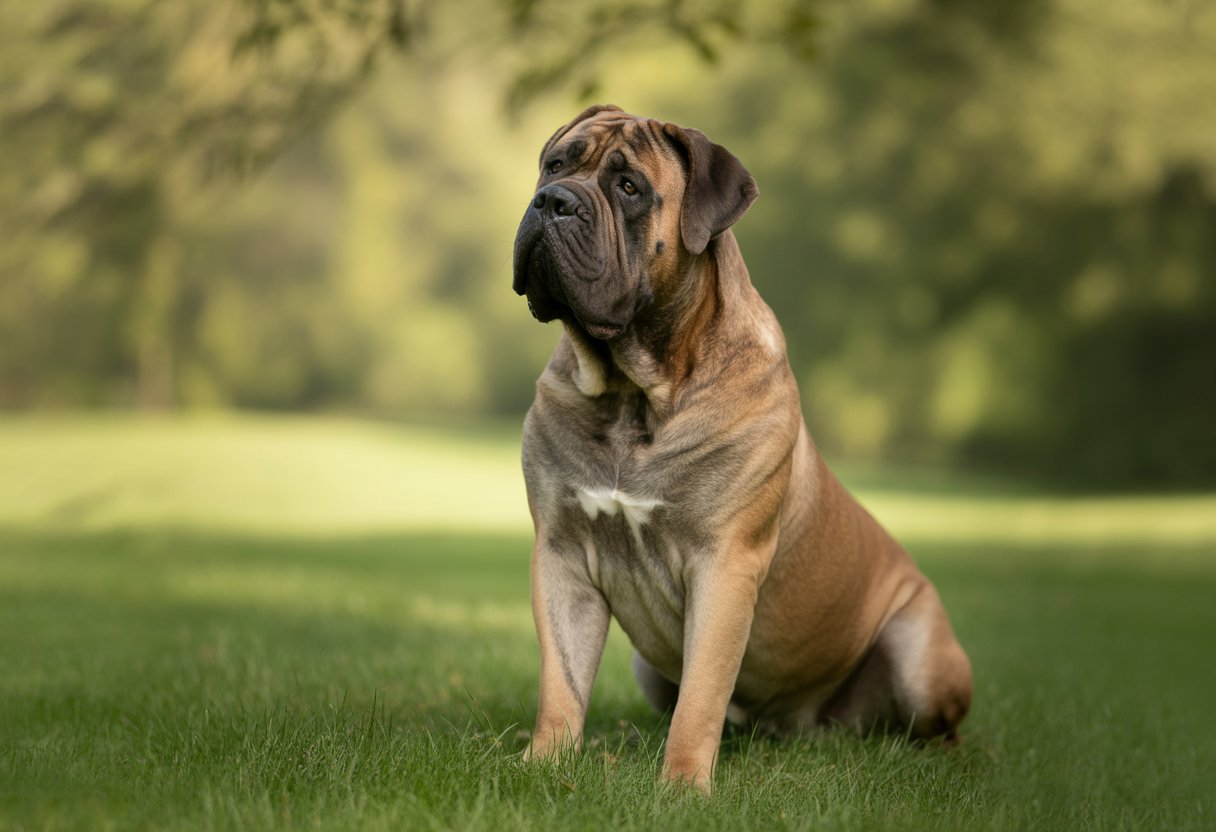 A large Bullmastiff dog sitting calmly on grass in a park, looking attentive and gentle.