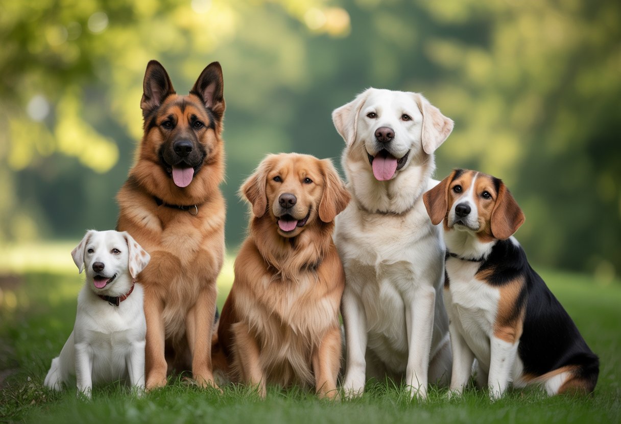 A group of loyal dog breeds sitting and standing together outdoors in a park, looking attentively and affectionately.