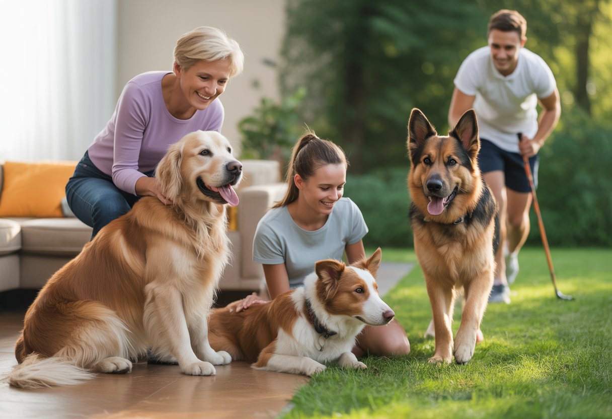A Golden Retriever with an elderly woman in a living room, a German Shepherd with a man jogging in a park, and a Border Collie with a child in a garden, showing close bonds between dogs and their owners.