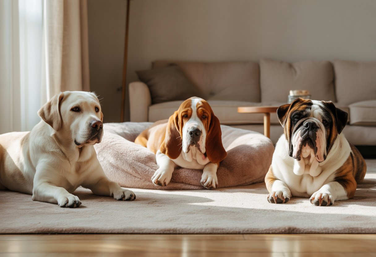 Several low energy dogs including a Labrador Retriever, Basset Hound, and Bulldog resting peacefully indoors in a calm and cozy room.