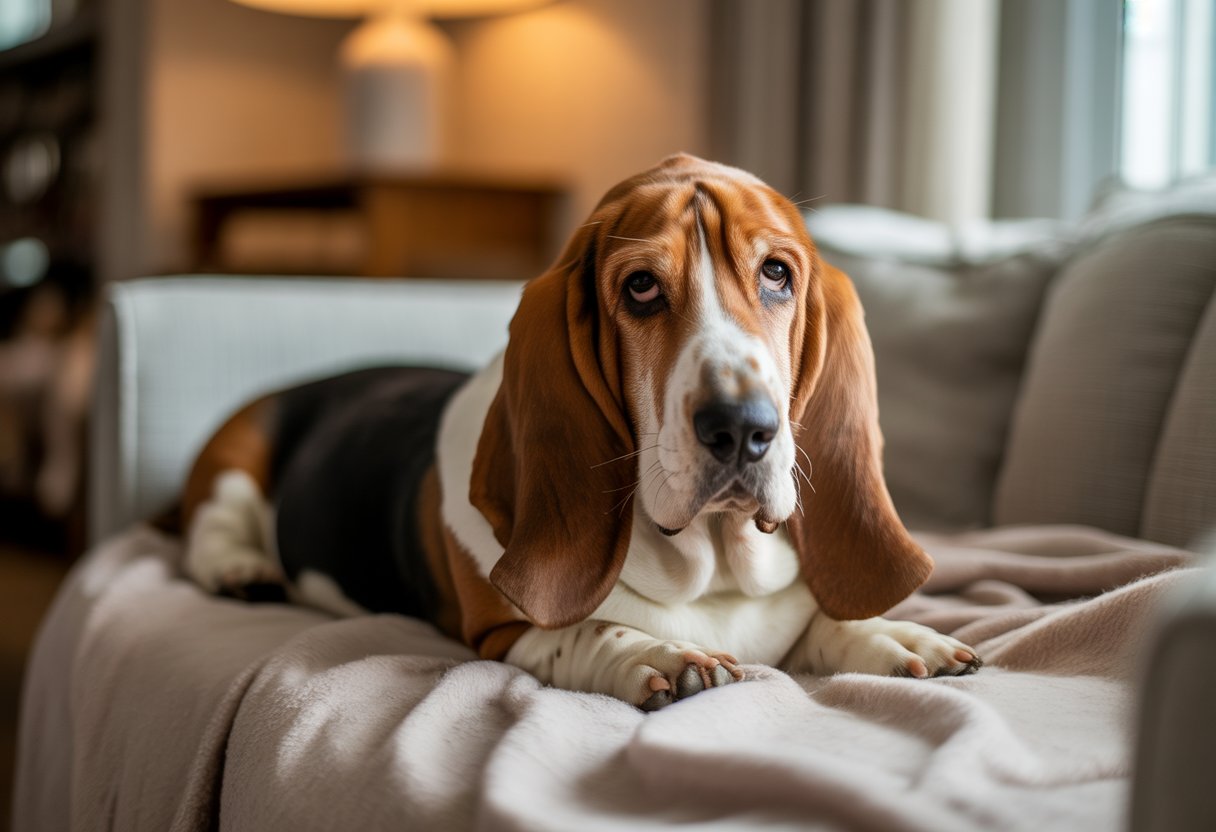 A Basset Hound lying calmly on a soft blanket in a cosy living room.
