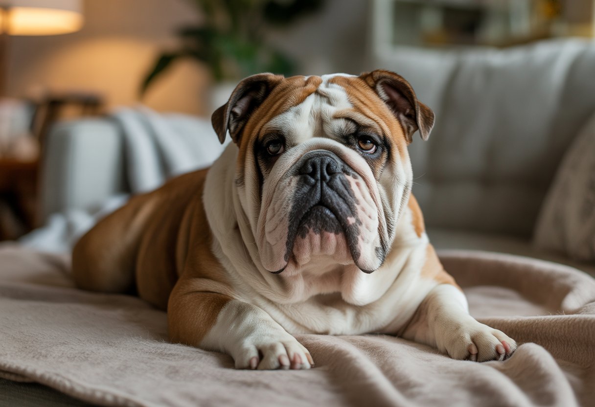 A bulldog lying quietly on a soft blanket indoors, looking calm and relaxed.