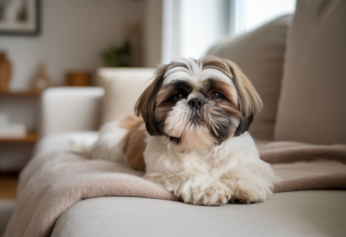 A Shih Tzu dog resting peacefully on a soft blanket in a cozy living room.