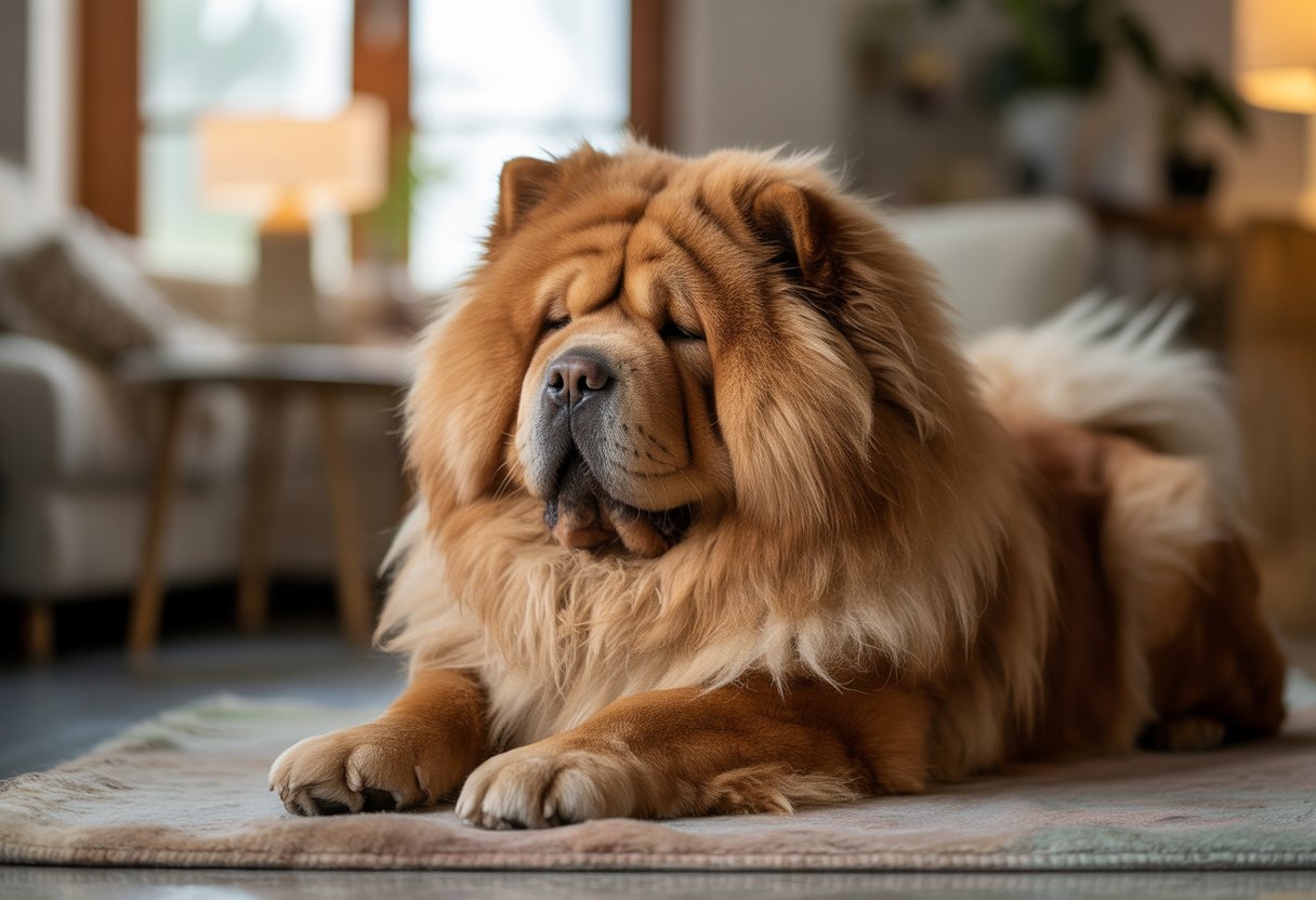 A Chow Chow dog with a thick golden-brown coat lying down and resting indoors on a soft rug.