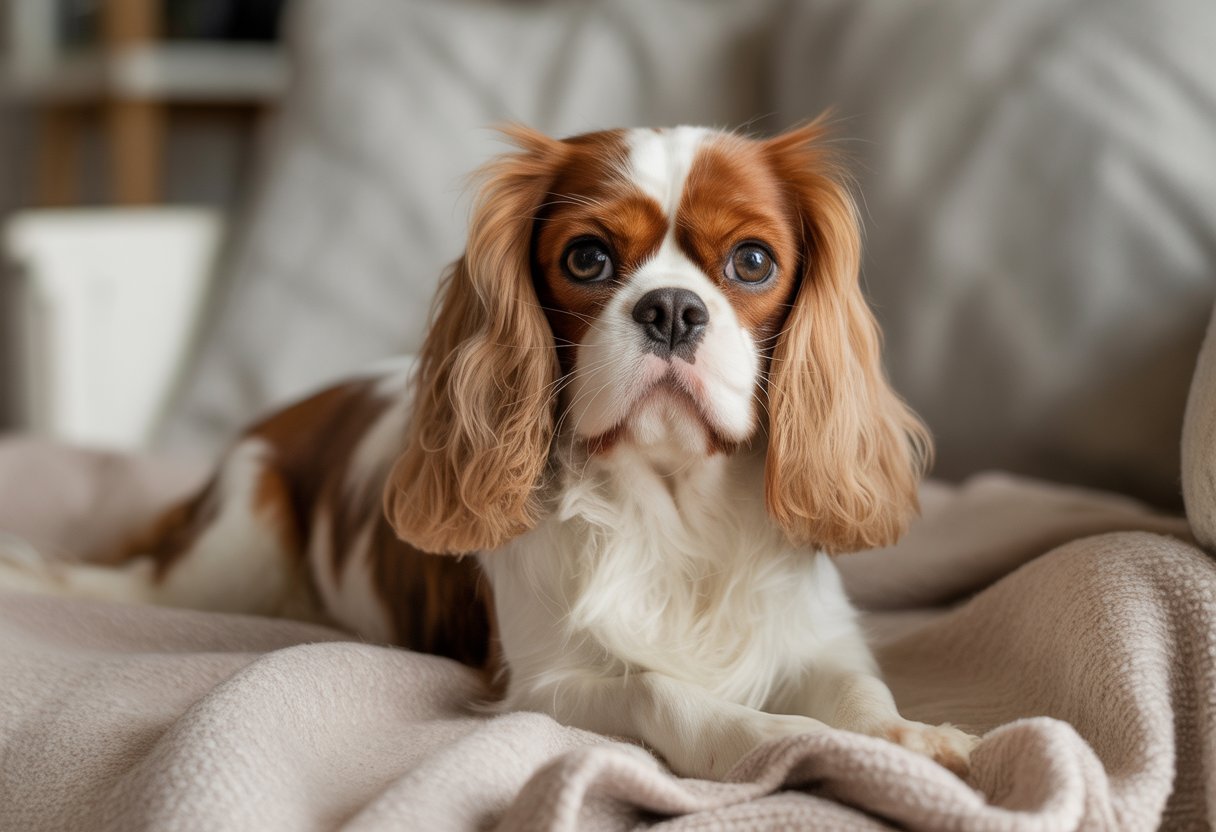 A calm Cavalier King Charles Spaniel sitting on a soft blanket indoors, looking relaxed.