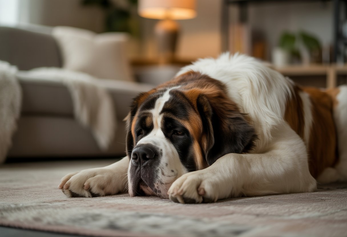 A St. Bernard dog lying down calmly on a carpet in a living room.