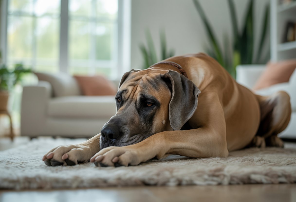 A Great Dane dog lying down and resting quietly on a rug in a bright living room.