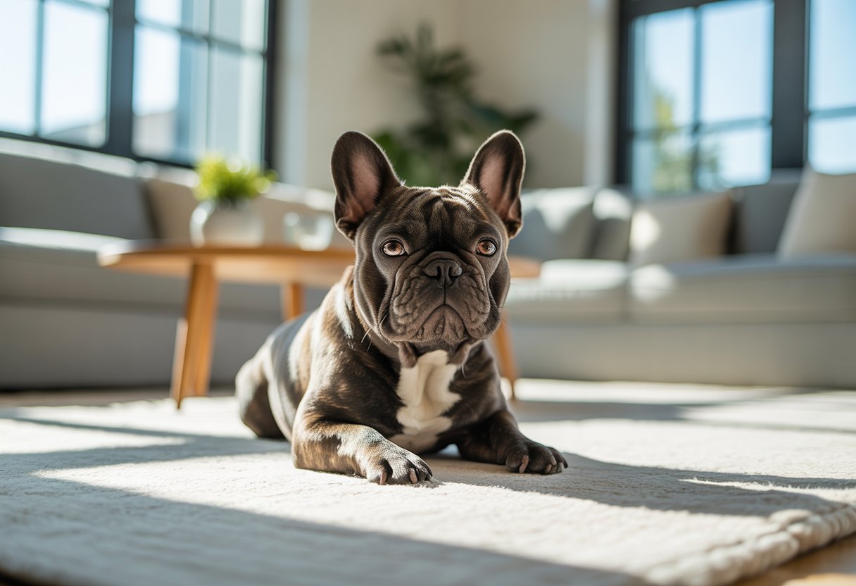 A French Bulldog sitting calmly on a carpet in a bright living room with modern furniture.