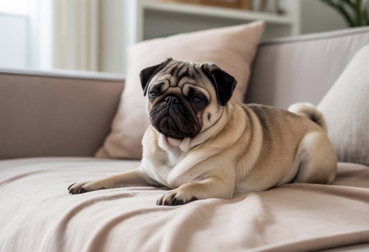 A pug dog resting peacefully on a soft blanket in a cozy living room.