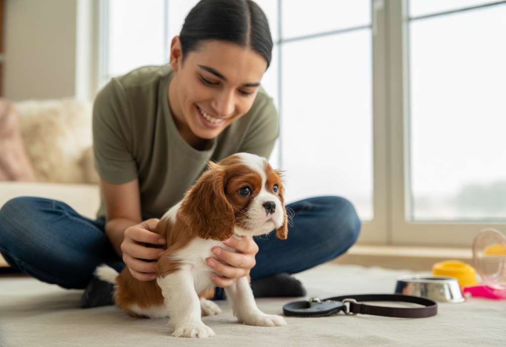 A young person sitting on a rug in a living room, holding a small Cavalier King Charles Spaniel puppy.