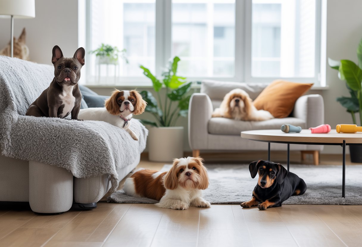 Several small and medium-sized dogs resting peacefully in a bright, modern apartment living room.