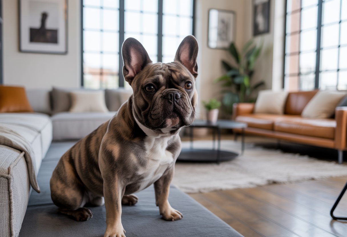A French Bulldog sitting in a bright, modern apartment living room with contemporary furniture and natural light.
