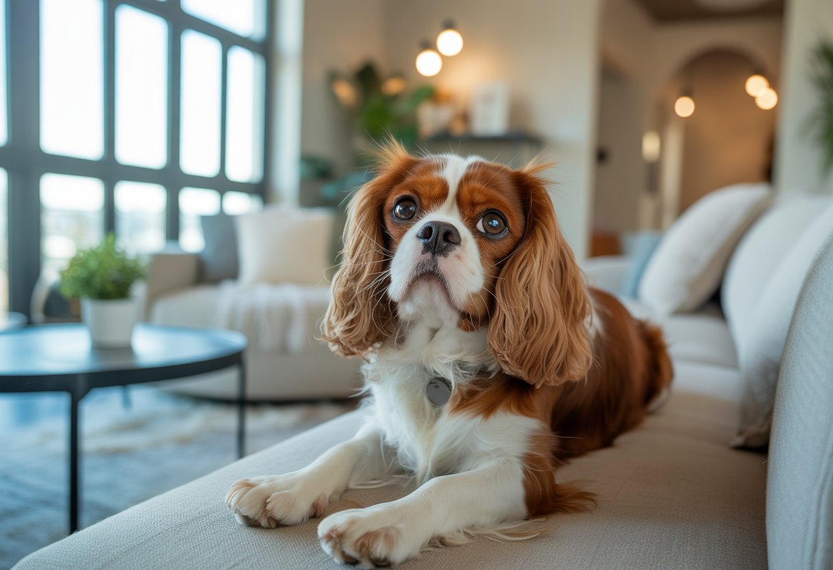 A Cavalier King Charles Spaniel sitting in a bright, modern apartment living room with a sofa and a coffee table.