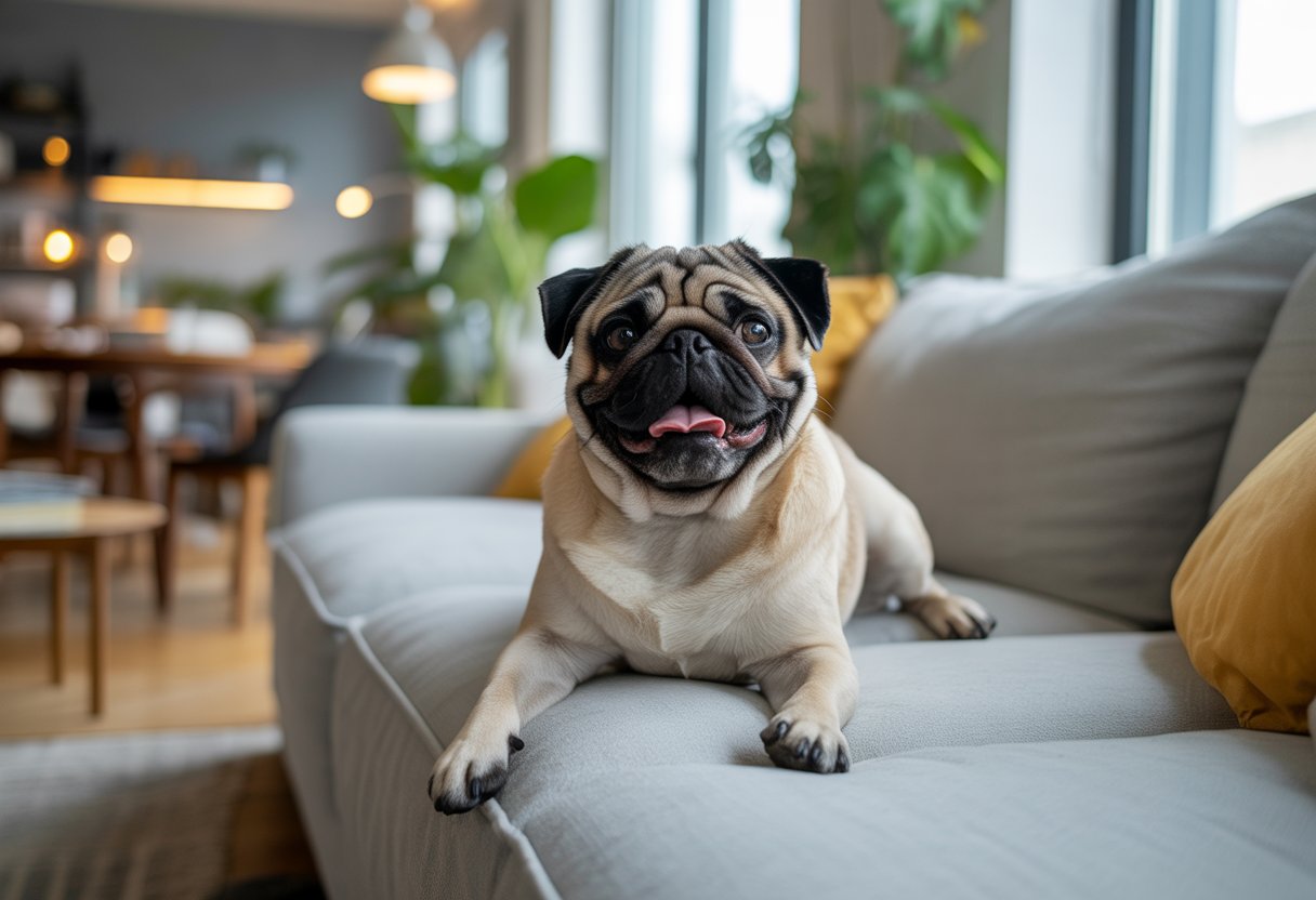 A happy pug sitting on a sofa in a bright, modern apartment living room.