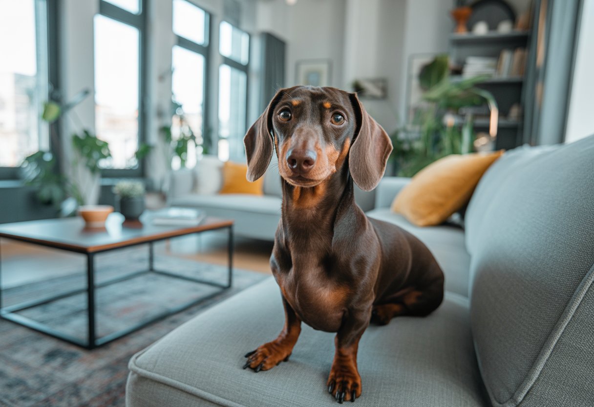 A dachshund sitting in a modern apartment living room with a sofa, coffee table, and plants.